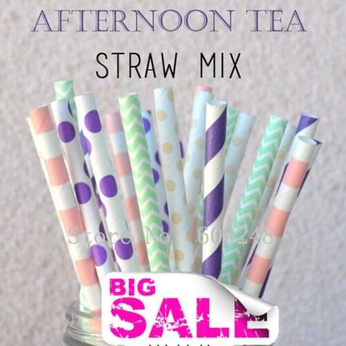 100pcs Mixed Colors Afternoon Tea Party Paper Straws,Purple Stripe and Polka Dot,Mint Chevron,Baby Pink Sailor Stripe,Mason Jar