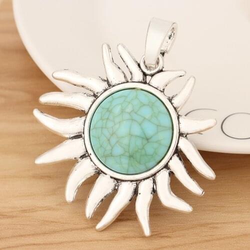 2 Pieces Tibetan Silver Large Sun & Faux Turquoise Stone Charms Pendants for DIY Necklace Jewellery Making Accessories 66x60mm