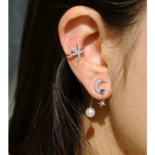 703FORTUNE S925 Silver Star and Moon earrings fashion and elegance 5A zircon natural freshwater pearl earrings for women