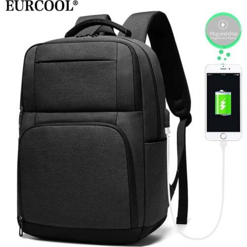EURCOOL Fashion School Backpack Fit 15.6 inch Laptop Teenage Male Mochila Bag with USB Charging Business Travel Backpacks n1955
