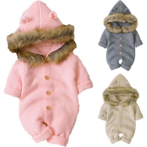 Fashion Newborn Infant Baby Boys Girls Knitted Romper Autumn Winter Warm Hooded Jumpsuit Long Sleeve Hooded Thick Clothes Outfit