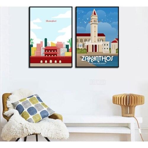 Cartoon Landscape Canvas Painting of Shanghai City Buildings and Birds In The Blue Sky English Poster European Style Decoration