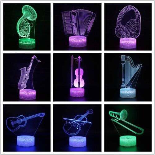 Musical Instrument 3D Illusion Night light 7 Color Changing Guitar Piano Harp Touch Remote Table Lamp for Kids Gift Home Decor
