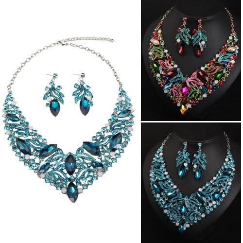 Women Crystal Pendant Bib Choker Chunky Chain Necklace Earrings Sets Bride Jewelry Set Statement Wedding Party Jewelry Gifts