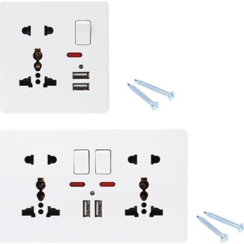 Wall Socket With LED Light Switch 86 Type 5 Holes Double USB White PC Panel