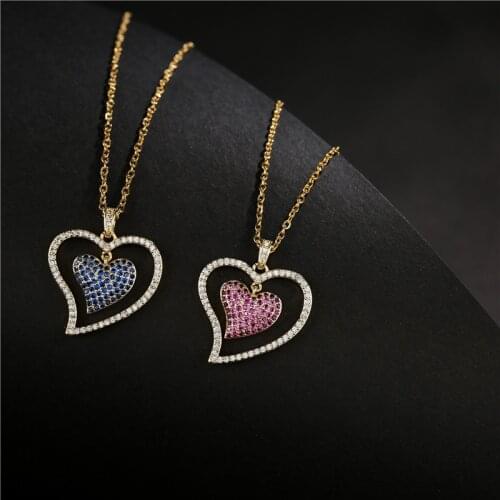 2021 New Fashion Women Wedding Necklace Unique Design Hollow Double Heart Pendant Necklace CZ Party Jewelry Gift