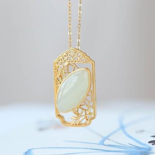 New Classical Chinese Style Hollow Boat Money Bamboo Leaf Pendant S925 Silver Plated Hetian Jade Horse Eye Shape Elegant Necklac