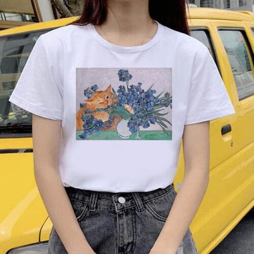 Basic O-neck short-sleeved ladies white graphic girl T-shirt Womens T-shirt Kawaii cat oil painting print T-shirt