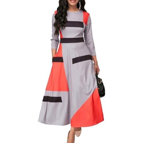 Plus Size Fashion Dresses Women Spring Summer Dress Color Block Striped 3/4 Sleeve O-Neck Slim Maxi Dress
