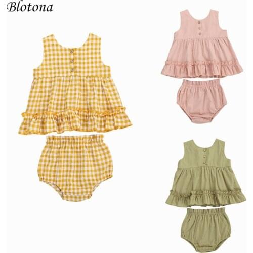 Blotona Baby Girls Shirt Dress High-Waist Shorts Set O-Neck Ruffle Hem Sleeveless Button Tops Summer Clothes 3-24M