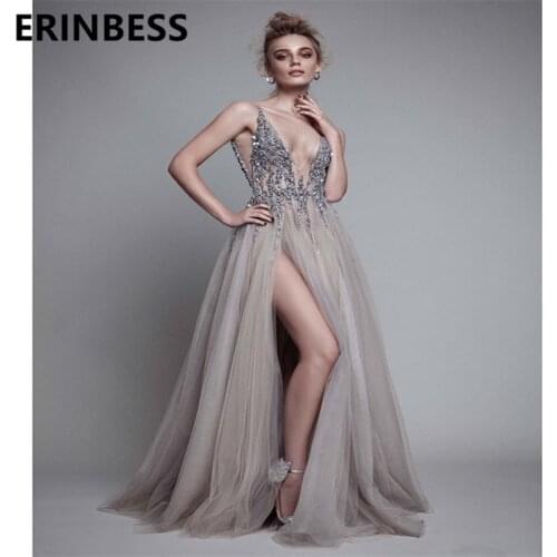 Sexy Beaded Sequined Grey Evening Dresses Sexy V Neck Cap Sleeve Sweep Train High Slit Formal Party Gowns For Women