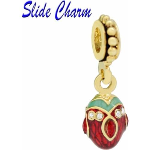 Popular, red enamel DIY beaded jewelry Easter gift and red horse eye crystal, golden oval pendant Russian egg charm