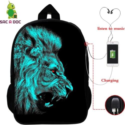 Mochila Feminina Bookbag Cool Lion Backpack for Women School Bags Teenage Girls USB Charge Travel Backpack Mens Laptop Backpack