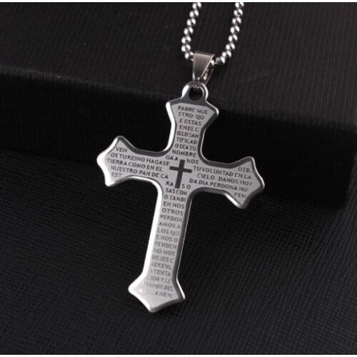 Silver color Big Holy Bible Cross pendant necklaces bead chain for men 316L Stainless Steel necklace