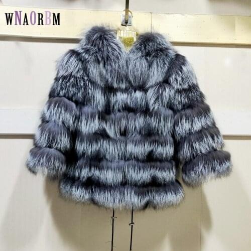 Genuine Fox Jacket Real natural raccoon Silver Fox Fur Hoodie Jacket winter warm womens clothing length 60 cm