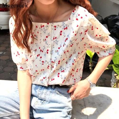 Korean Chic Square Collar Print Chiffon Shirt Woman Summer Puff Short Sleeve Womens Blouse Sweet Floral Female Top Blusas 14355