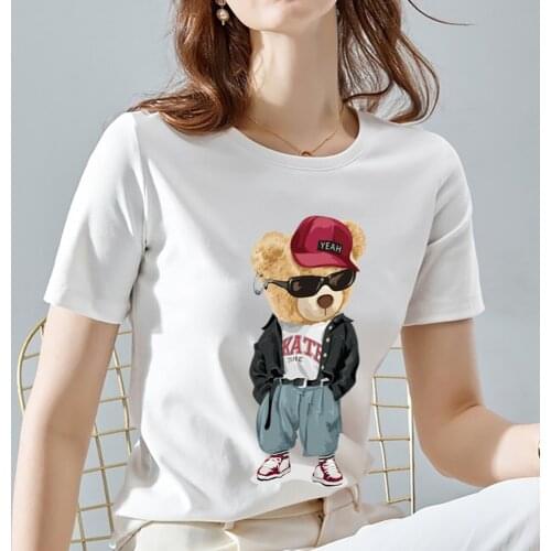 Womens Summer Trend T-shirt 3D Cool Teddy Bear Graphic Series T-shirt for Ladies Print Mature Ladies Soft Short-sleeved Top