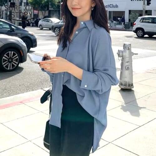 Autumn Vintage Plus Size Chiffon Blouse Women 2021 Korean Long Sleeve Women Shirts Blue Button Cardigan Womens Blouse Tops 11398