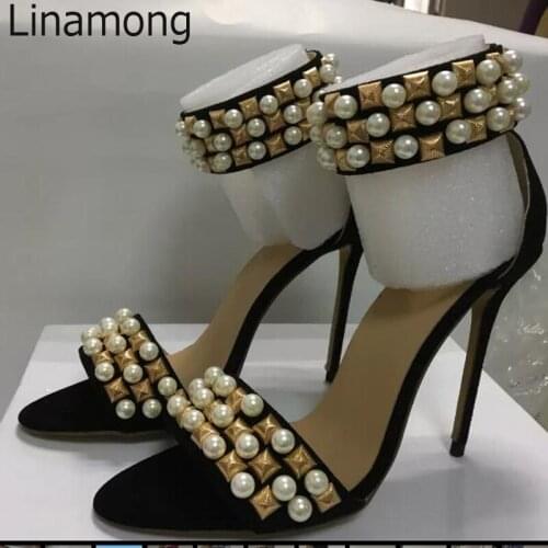 Summer Women Pearls Grainy Metal Rivets Studs Sandals Ankle Strap Stiletto Heel Open Toe Zipper back Party Shoes Plus Size 44