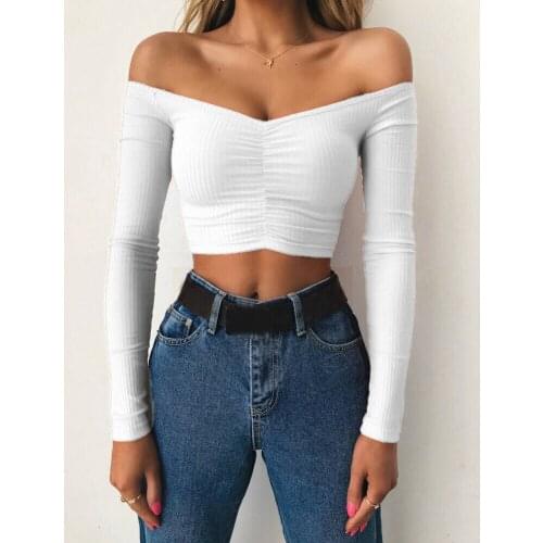 Women’s Long Sleeve Crop Top Solid Color Low-cut Ruched Tee Top Sexy Off Shoulder Slim Fit Pullover Ladies Casual Base T-shirt
