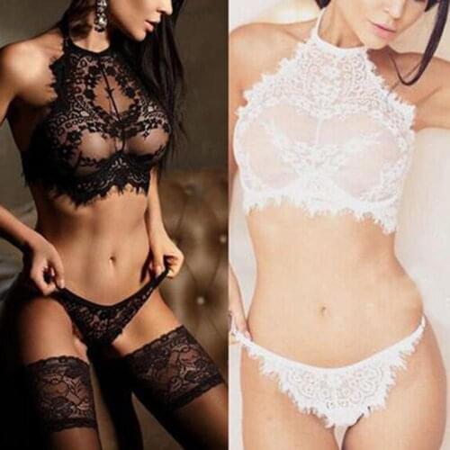 2Pcs Women Sexy See-Through Halter Eyelash Lace Bra Top Briefs Erotic Underwear