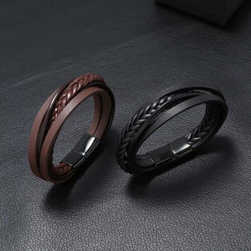 Black Brown Leather Bracelets Men Stainless Steel Multilayer Braided Rope Bangles for Male Female Bracelets Jewelry 22.5/20.5cm