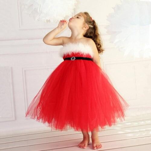 Corzzet Christmas Sweet Red Mesh Fluffy White Feather Strapless Sling Ball Gown Girls Dresses Childrens party Dress vestidos
