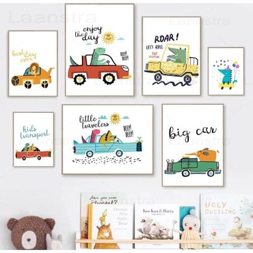 Childrens Room Cartoon Canvas Painting Dinosaur Driving Wall Picture for Living Room Nursery Decoration Posters and Prints