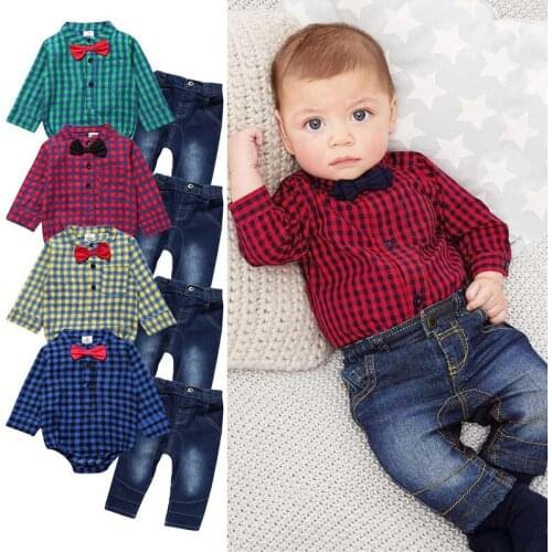Infant 6-24M For Newborn Romper New Wholesale Gentleman Plaid T-Shirt+Jeans Toddler Kid Bodysuit Set For Baby Boy Clothes Set