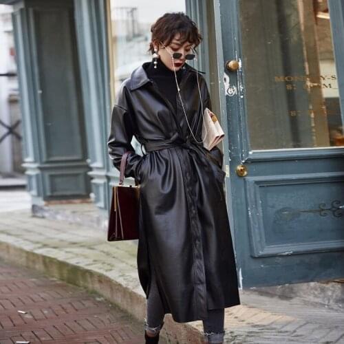 Motorcycle Leather Long Handsome Womens Coat Elegant Loose Female Trench Coat With Belt New Fashion Single Breasted Coat