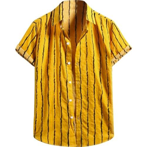 Men Cotton Linen Stripe Shirts Print Short Sleeve Button Shirt Blouse Top Slim Fit Dress Shirt Handsome Casual Clothes 2021