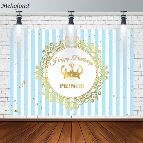 Mehofond Boy Happy Birthday Prince Party Backdrop Gold Crown Decor Blue White Stripe Photography Background Banner Photozone
