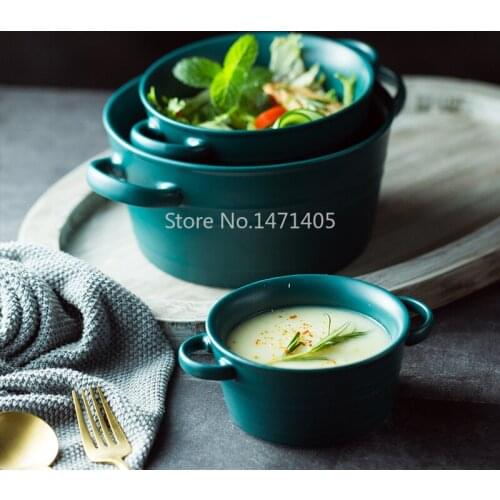 Nordic Matte Dark Green Ceramic Binaural Soup Bowl Salad Bowl Creative Noodle Bowl Thick Soup Bowl Breakfast Bowl Large SoupBowl