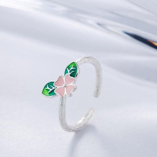 Enamel Pink Flower Leaf Shape Silver Color Womens Ring Fashion Open Rings for Women Korean Party Jewelry Accessories YRI139