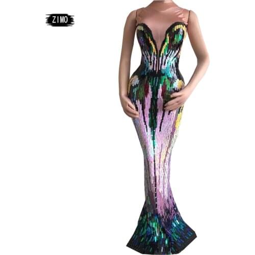 Colorful Sleeveless Long Drag Dress Women Sexy Birthday Party Dress Dance Costume Stretch Prom Bar Show Female Singer Stage Wear