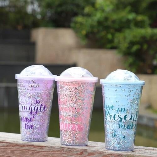Flash Powder Coffee Mugs Water Bottle Straws Lid Plastic Reusable Personalized Drinkware Coffee Drinking Cup Outdoor Portable
