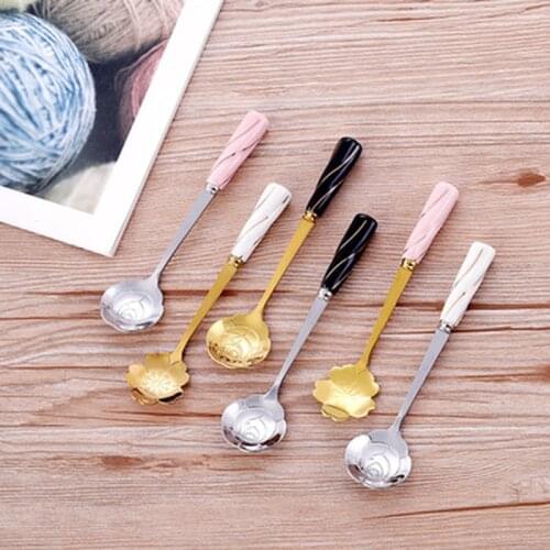 Tea Dessert Coffee Mixing Spoon Ceramic Handle Gold Long Handle Stainless Steel Teaspoons Tableware Flower Type Design Tableware