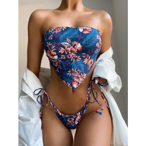 2021 New Bikini High Waist Strapless Sexy Bikini Women Swimwear Women Swimsuit Padded Bathing Suit Print and Pure Color