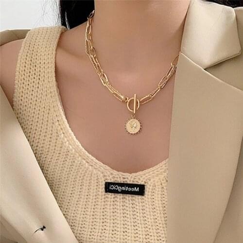 Trendy Gold Carved Portrait Coin Pendant Necklace For Women Punk Silver Color Multilayer Chain Choker Necklace 2021 Jewelry