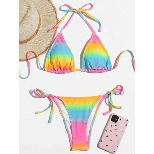 Sexy Biquini Bathing Suit Women Bikinis Tie-dye Lace Up High Cut Leg Print Bikini Set Two Piece Swimsuit Swimming Suit 2021
