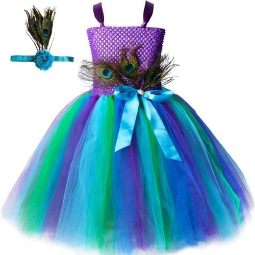 Girls Peacock Princess Tutu Dress with Headband Flower Feathers Kids Ball Gown Dresses for Girls Pageant Halloween Party Costume