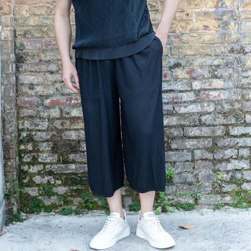 Miyake Pleated Straight Pants Cropped Pants Summer Korean Fashion Calf-Length Pants Trendy Sports Loose Harem Casual Pants