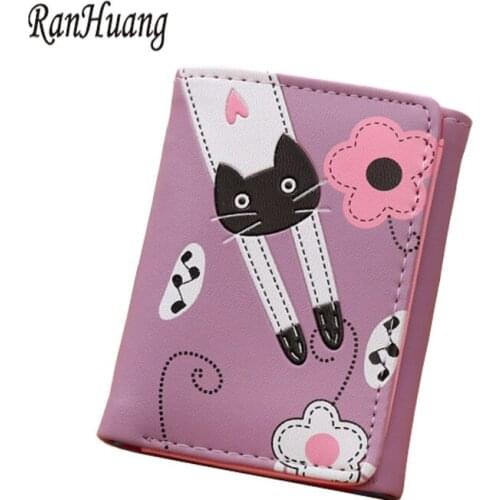RanHuang New 2020 Women Cartoon Cat Wallet Short Design PU Leather Wallet Girls Cute Coin Purses Womens Leather Card Holder A88