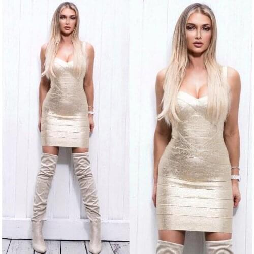 Spaghetti strap luxury high quality gold foil sweetheart sexy ladies cross party short hl bodycon bandage dress