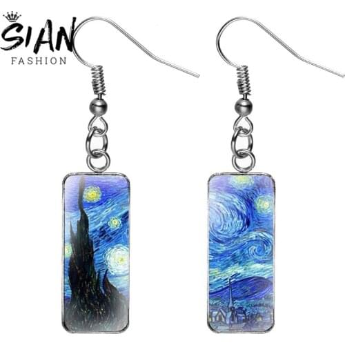 SIAN Van Gogh Art Paintings Rectangular Pendant Earrings Art Photo Sunflower Dome Fish Hook Earrings For Women Gifts Accessories