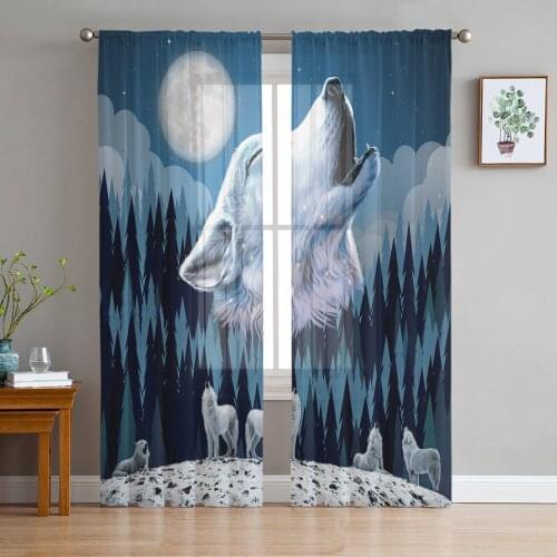 Timber Wolves Howling Moon Tulle Sheer Window Curtains for Living Room Bedroom Modern Tulle Voile Curtains Drapes Decoration