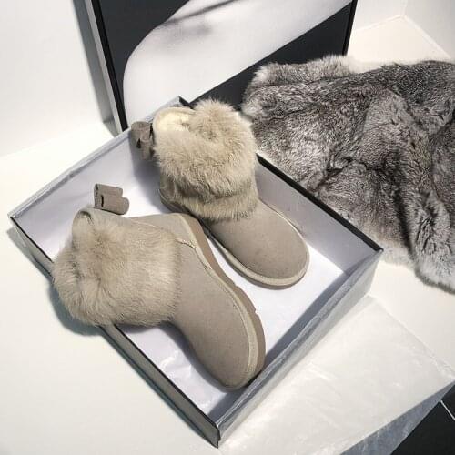 Thicken rabbit fur snow boots women/girls sweet bowknot winter ankle booties platform warm plush cotton shoes big size 35-43