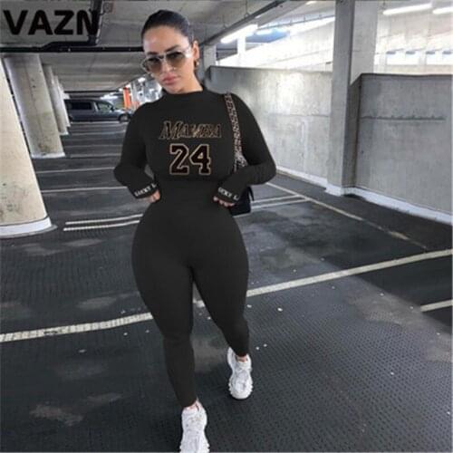 VAZN 2021 Hot Sales Black Letter Simple Soft Daily Young Free Fashion Full Sleeve High Waist Women Long Pencil Jumpsuits