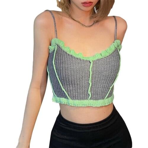 Women Summer Crop Tops, Match Color Spaghetti Strap Low-Cut Knit Vest with Back Cross Straps for Girls, Gray