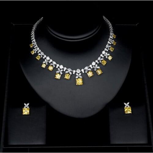 Be 8 Sparkling Yellow Stone AAA Cubic Zircon Jewelry Sets for Women Pendants Stud Earring Necklace Set Dress Accessories S418